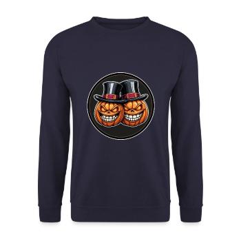 Zwei grinsende Halloweenkürbisse mit Zylinder - Unisex Pullover - Navy - Vorne - Alina (178cm) & Michal (187cm)
