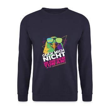 Lustiger Spruch Guck mich nicht in diesem Ton an! - Unisex Pullover - Navy - Vorne - Alina (178cm) & Michal (187cm)