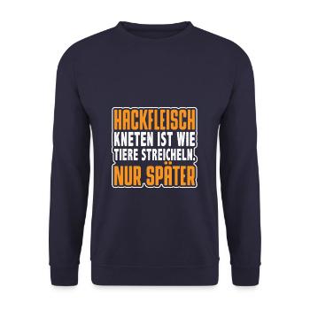 Hackfleisch kneten ist wie Tiere streicheln - Unisex Pullover - Navy - Vorne - Alina (178cm) & Michal (187cm)