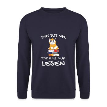 Die tut nix die will nur Bücher lesen Bücherwurm - Unisex Pullover - Navy - Vorne - Alina (178cm) & Michal (187cm)