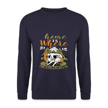 Home is where the Stellplatz is Camping Sprüche - Unisex Pullover - Navy - Vorne - Alina (178cm) & Michal (187cm)