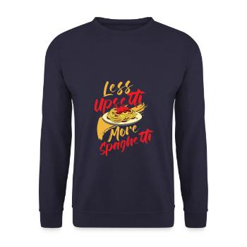 Funny Less Upsetti More Spaghetti - Unisex Pullover - Navy - Vorne - Alina (178cm) & Michal (187cm)