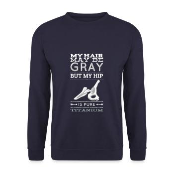Meine Haare Können Grau Sein, Aber Meine Hüfte - Unisex Pullover - Navy - Vorne - Alina (178cm) & Michal (187cm)