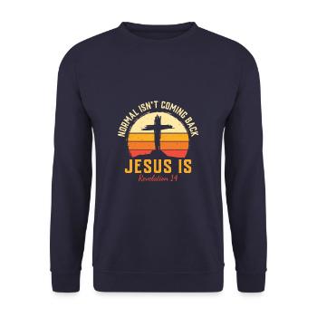 Normal Isn't Coming Back Jesus Is - Unisex Pullover - Navy - Vorne - Alina (178cm) & Michal (187cm)