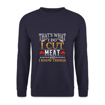 Funny I Cut Meats - Unisex Pullover - Navy - Vorne - Alina (178cm) & Michal (187cm)