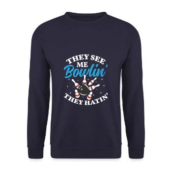 Funny They See Me Bowlin They Hatin - Unisex Pullover - Navy - Vorne - Alina (178cm) & Michal (187cm)