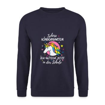 Lustiges Ich glitzer jetzt in der Schule Einhorn - Unisex Pullover - Navy - Vorne - Alina (178cm) & Michal (187cm)
