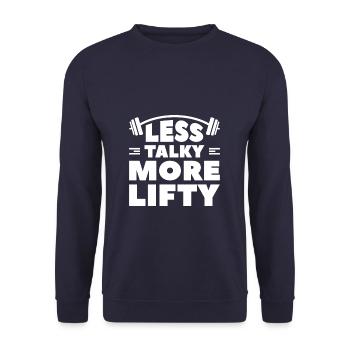 Less Talky More Lifty Weightlifting Weightlifter - Unisex Pullover - Navy - Vorne - Alina (178cm) & Michal (187cm)