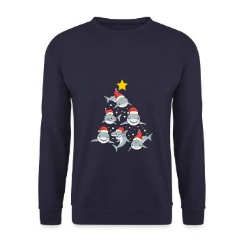 Cute Sharks Xmas Tree - Unisex Pullover - Navy - Vorne - Alina (178cm) & Michal (187cm)