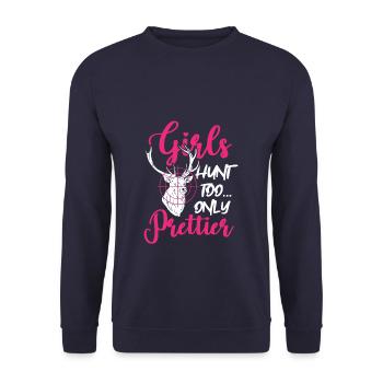Les filles chassent aussi seulement plus joli cadeau de chasse de chasseresse - Sweat-shirt Unisexe - marine - Devant - Alina (178cm) & Michal (187cm)