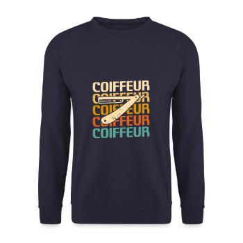 Retro Coiffure Barbier Coiffeuse - Unisex Pullover - Navy - Vorne - Alina (178cm) & Michal (187cm)