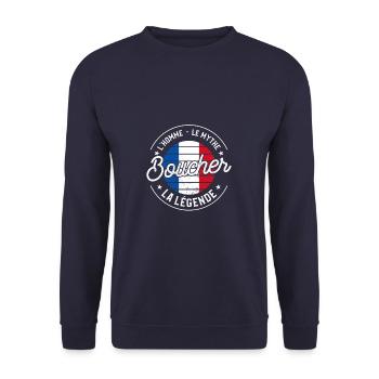Boucher L'Homme Le Mythe La Légende Boucherie - Sweat-shirt Unisexe - marine - Devant - Alina (178cm) & Michal (187cm)