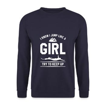 Ich weiß, dass ich springe wie ein Mädchen versuche, Bungee aufrechtzuerhalten - Unisex Pullover - Navy - Vorne - Alina (178cm) & Michal (187cm)
