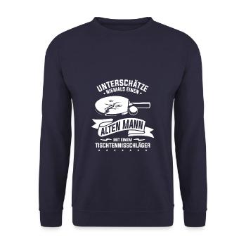 Unterschätze Niemals Einen Alten Mann - Unisex Pullover - Navy - Vorne - Alina (178cm) & Michal (187cm)