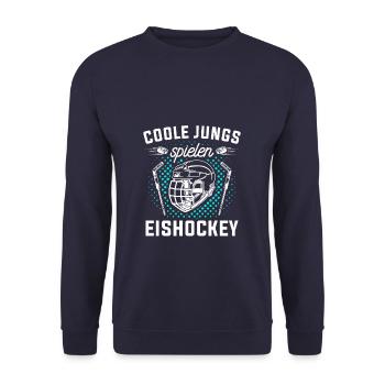 Coole Jungs Spielen Eishockey Eishockeyspieler - Unisex Pullover - Navy - Vorne - Alina (178cm) & Michal (187cm)