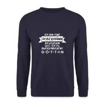 Ich Bin Eine Dobermann Besitzerin Hundehalterin - Unisex Pullover - Navy - Vorne - Alina (178cm) & Michal (187cm)