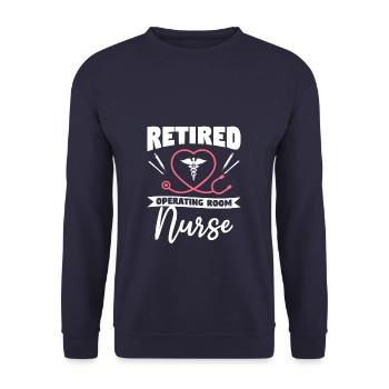 Pensionierte OP-Krankenschwester ODER Ruhestandsschwestern - Unisex Pullover - Navy - Vorne - Alina (178cm) & Michal (187cm)