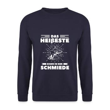 Das Heißeste Eisen In Der Schmiede Schmiedekunst - Unisex Pullover - Navy - Vorne - Alina (178cm) & Michal (187cm)