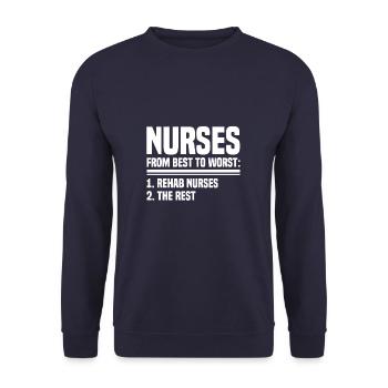 Krankenschwestern von den besten zu den schlechtesten Reha-Krankenschwestern Der Rest RN - Unisex Pullover - Navy - Vorne - Alina (178cm) & Michal (187cm)