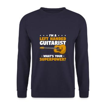 Ich bin ein linkshändiger Gitarrist Was ist deine Superkraft? - Unisex Pullover - Navy - Vorne - Alina (178cm) & Michal (187cm)