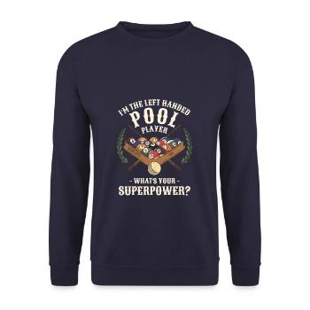 Ich bin der linkshändige Poolbillardspieler Was ist dein - Unisex Pullover - Navy - Vorne - Alina (178cm) & Michal (187cm)