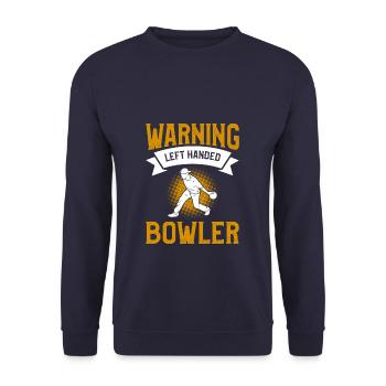 Warning Left Handed Bowler Lefty Bowling - Unisex Sweatshirt - navy - Front - Alina (178cm) & Michal (187cm)