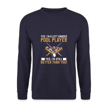 Ja, ich bin ein linkshändiger Poolspieler Ja, ich bin immer noch - Unisex Pullover - Navy - Vorne - Alina (178cm) & Michal (187cm)