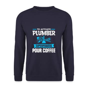 Um Klempner-Superkräfte zu aktivieren, gießen Sie Kaffee - Unisex Pullover - Navy - Vorne - Alina (178cm) & Michal (187cm)