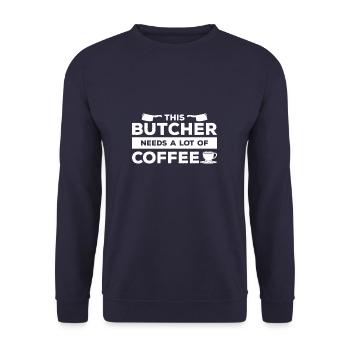 Dieser Metzger braucht viel Kaffeemetzgerei - Unisex Pullover - Navy - Vorne - Alina (178cm) & Michal (187cm)