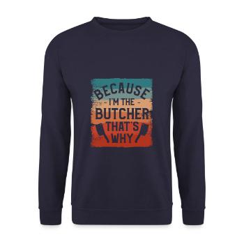 Weil ich der Metzger bin Deshalb Metzgerei - Unisex Pullover - Navy - Vorne - Alina (178cm) & Michal (187cm)