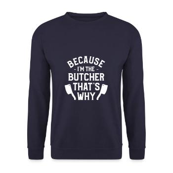 Weil ich der Metzger bin Deshalb Metzgerei - Unisex Pullover - Navy - Vorne - Alina (178cm) & Michal (187cm)