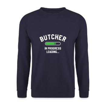Butcher In Progress Loading Butchery Butchers - Unisex Sweatshirt - navy - Front - Alina (178cm) & Michal (187cm)