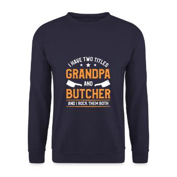 Ich habe zwei Titel Opa und Metzger und ich rocke - Unisex Pullover - Navy - Vorne - Alina (178cm) & Michal (187cm)