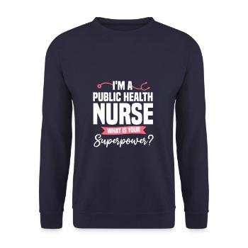 Ich bin eine Krankenschwester im öffentlichen Gesundheitswesen, was ist Ihre Superkraft? - Unisex Pullover - Navy - Vorne - Alina (178cm) & Michal (187cm)