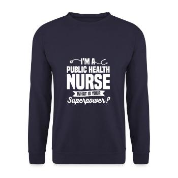 Ich bin eine Krankenschwester im öffentlichen Gesundheitswesen, was ist Ihre Superkraft? - Unisex Pullover - Navy - Vorne - Alina (178cm) & Michal (187cm)