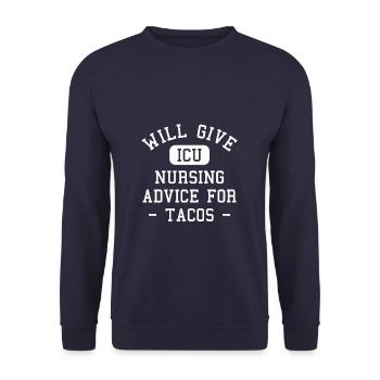 Gibt Pflegeratschläge auf der Intensivstation für Tacos CCRN-Krankenschwestern - Unisex Pullover - Navy - Vorne - Alina (178cm) & Michal (187cm)