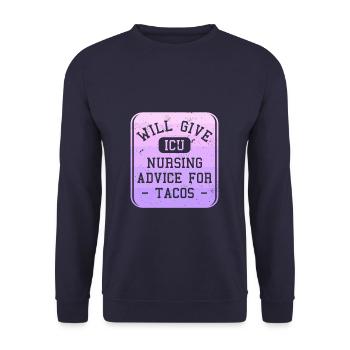 Gibt Ratschläge zur Pflege auf der Intensivstation für Tacos CCRN-Krankenschwestern - Unisex Pullover - Navy - Vorne - Alina (178cm) & Michal (187cm)