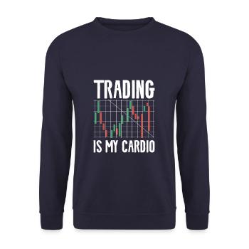 Trading ist mein Cardio Stock Market Trader Aktien - Unisex Pullover - Navy - Vorne - Alina (178cm) & Michal (187cm)