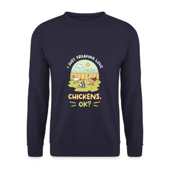 Ich verdammt liebe Hühner ok Hühnerliebhaber - Unisex Pullover - Navy - Vorne - Alina (178cm) & Michal (187cm)