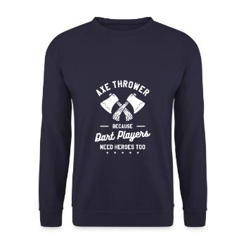 Axtwerfer, weil auch Dartspieler Helden brauchen - Unisex Pullover - Navy - Vorne - Alina (178cm) & Michal (187cm)