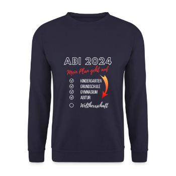 Lustiges Abi 2024 Werdegang Checkliste Plan Abitur - Unisex Pullover - Navy - Vorne - Alina (178cm) & Michal (187cm)