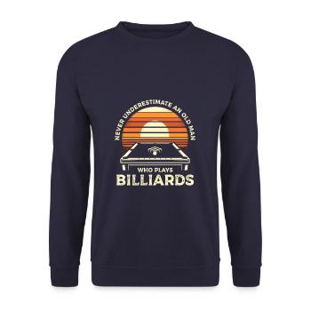 Unterschätze niemals einen alten Mann, der Billard spielt - Unisex Pullover - Navy - Vorne - Alina (178cm) & Michal (187cm)