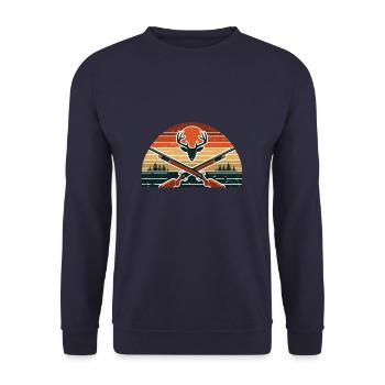 Retro Sonnenuntergang Hirsch Jagd Jäger Wild Elch - Unisex Pullover - Navy - Vorne - Alina (178cm) & Michal (187cm)