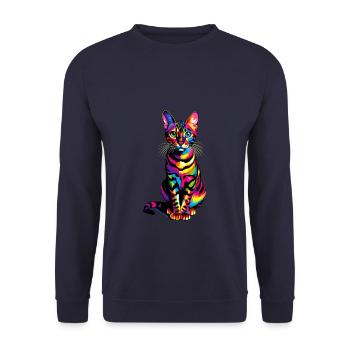 Bunte Pop Art Bengalische Katze - Unisex Pullover - Navy - Vorne - Alina (178cm) & Michal (187cm)
