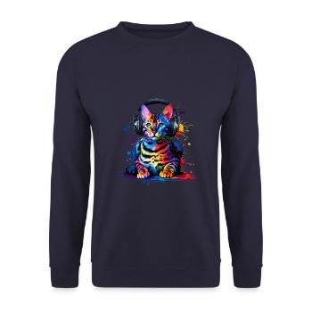Bunte Splash Art Kopfhörer Bengalische Katze - Unisex Pullover - Navy - Vorne - Alina (178cm) & Michal (187cm)