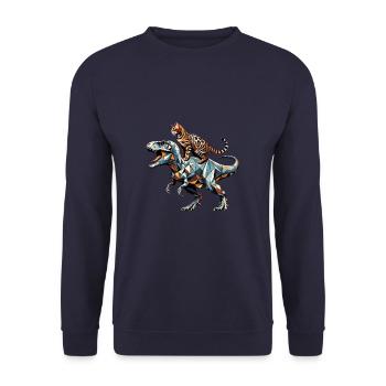Geometrische Kunst Dinosaurier T-Rex Bengalkatze - Unisex Pullover - Navy - Vorne - Alina (178cm) & Michal (187cm)