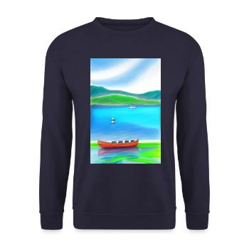 Landscape with lake, boat and mountains - Unisex Sweatshirt - navy - Front - Alina (178cm) & Michal (187cm)