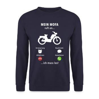 Mein Mofa ruft an - ich muss los - Spruch - Unisex Pullover - Navy - Vorne - Alina (178cm) & Michal (187cm)