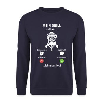 Mein Grill ruft an - ich muss los - Spruch - Unisex Pullover - Navy - Vorne - Alina (178cm) & Michal (187cm)