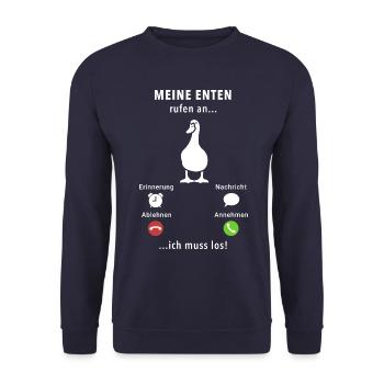 Meine Ente ruft an - ich muss los - Spruch - Unisex Pullover - Navy - Vorne - Alina (178cm) & Michal (187cm)